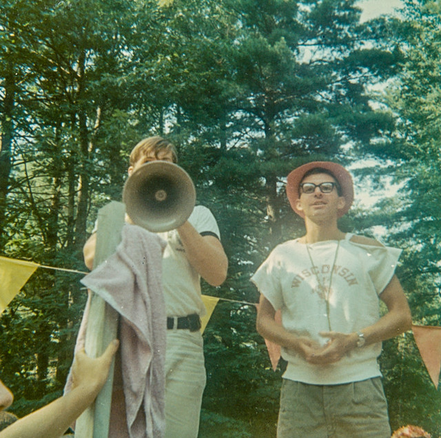 Bruce Hamilton auctioning off Dan Mannis at 1967 Cabintown Fair--Dan begged for someone to outbid the kitchen boys, but they won, requiring him to do KP